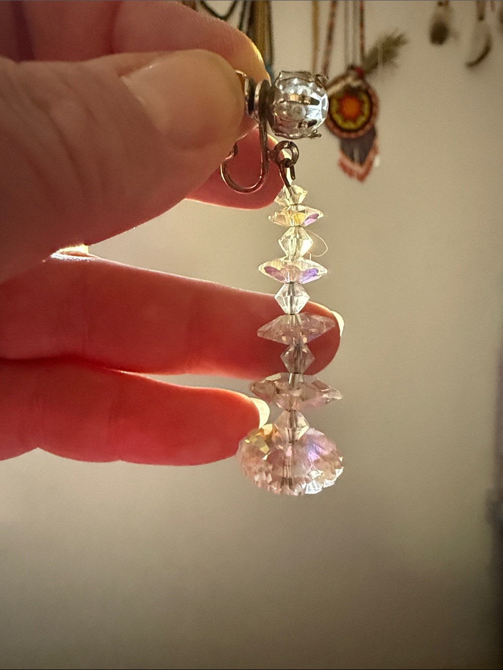 Clear Iridescent Crystal Drop Clip-On Earrings - Picture 2 of 3